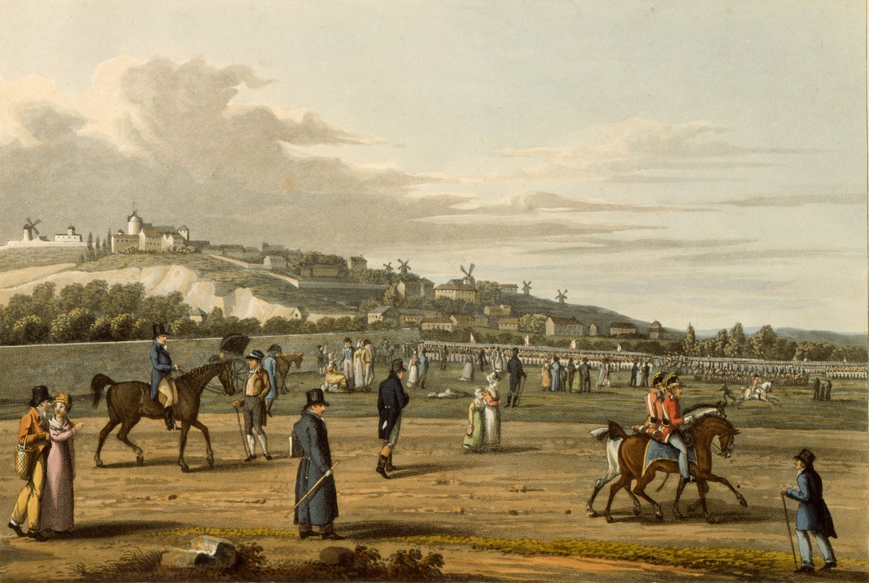 Gjennomgang av de engelske troppene i Montmartre av hertugen av Wellington, 21. oktober 1815, gravert av M. Dubourg, 1817 av George Snr after Scharf