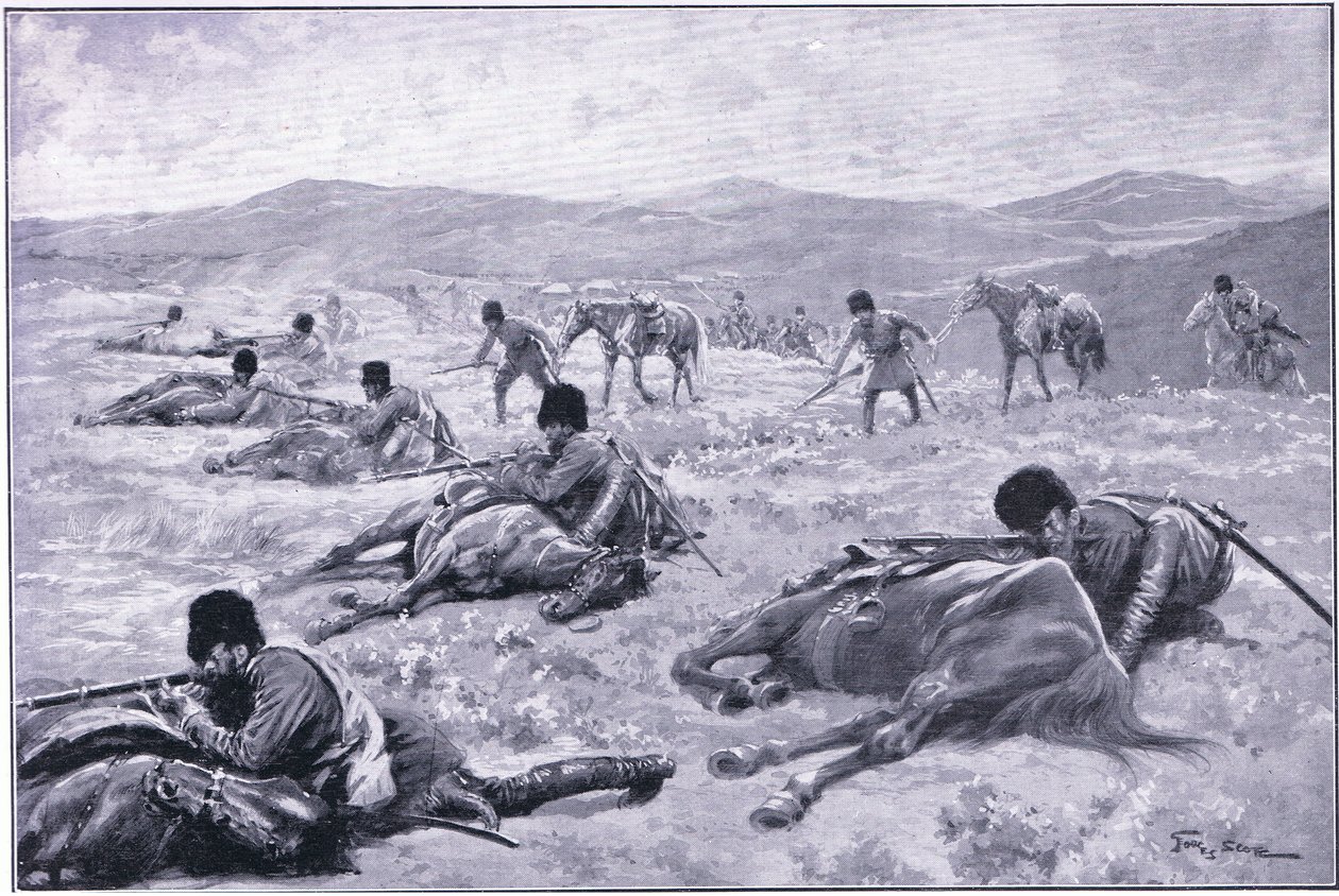 En kosakk og hesten hans: en enhet for å sikre dekning under en trefning, illustrasjon fra Cassells History of the Russo-Japanese War Vol 1, ca. 1900 av George Soper