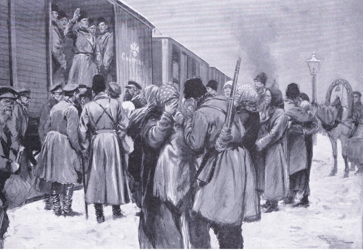 Russiske troppers avgang til Fjernøsten, illustrasjon fra Cassells History of the Russo-Japanese War Vol 1, ca. 1900 av George Soper