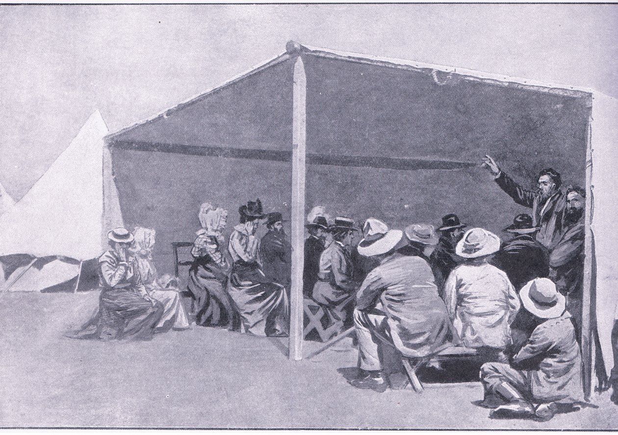 Gudstjeneste i en Boer flyktningleir, fra After Pretoria: The Guerilla War utgitt av Harmsworth Bros Limited, 1901 av George Soper