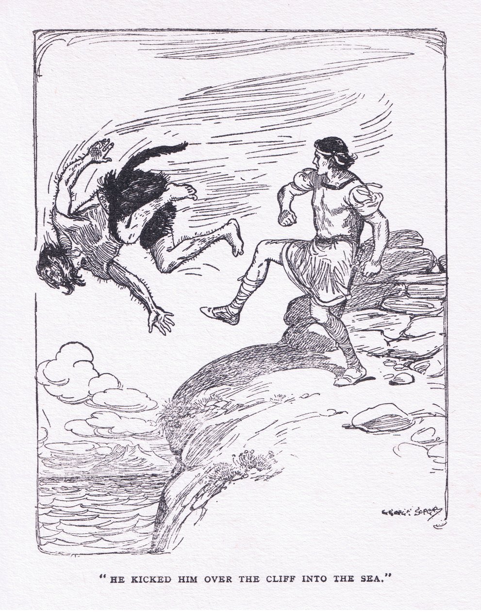 Han sparket ham over klippen i havet, fra The Heroes utgitt av George Allen og Unwin 1929 (farge litho) av George Soper