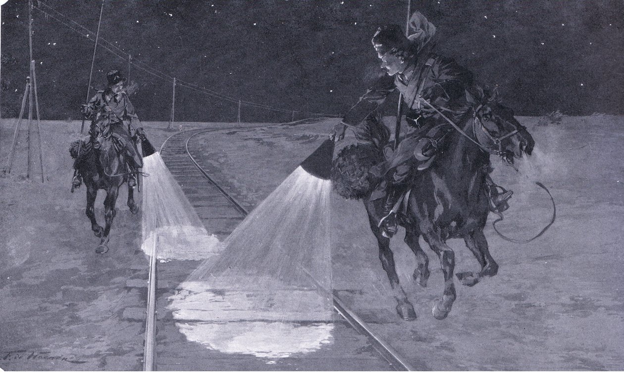 På en Manchurian railway: Nattpatrulje, illustrasjon fra Cassells History of the Russo-Japanese War Vol 1, ca. 1900 av George Soper