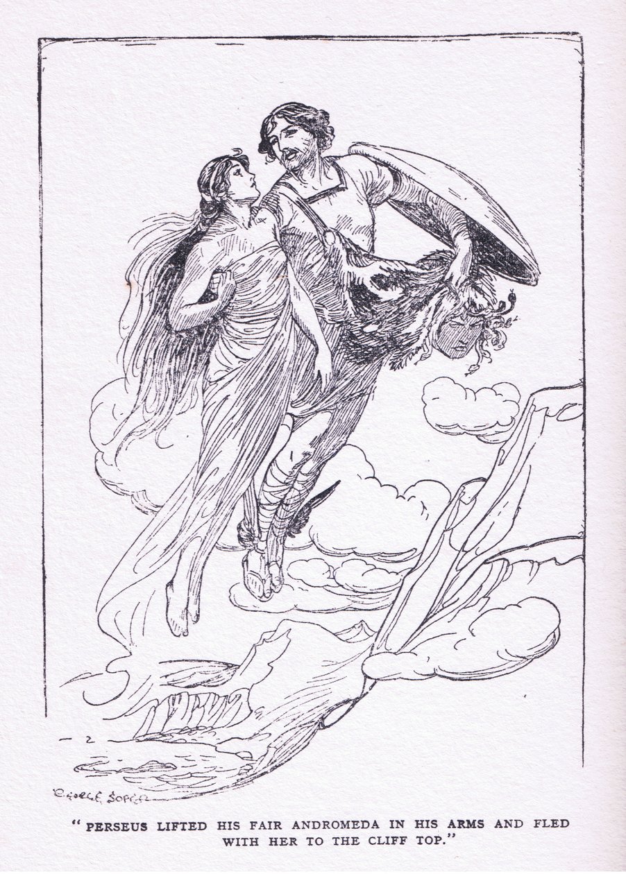 Perseus løftet sin vakre Andromeda i armene og flyktet med henne til klippetoppene, fra Heltene utgitt av George Allen og Unwin 1929 av George Soper