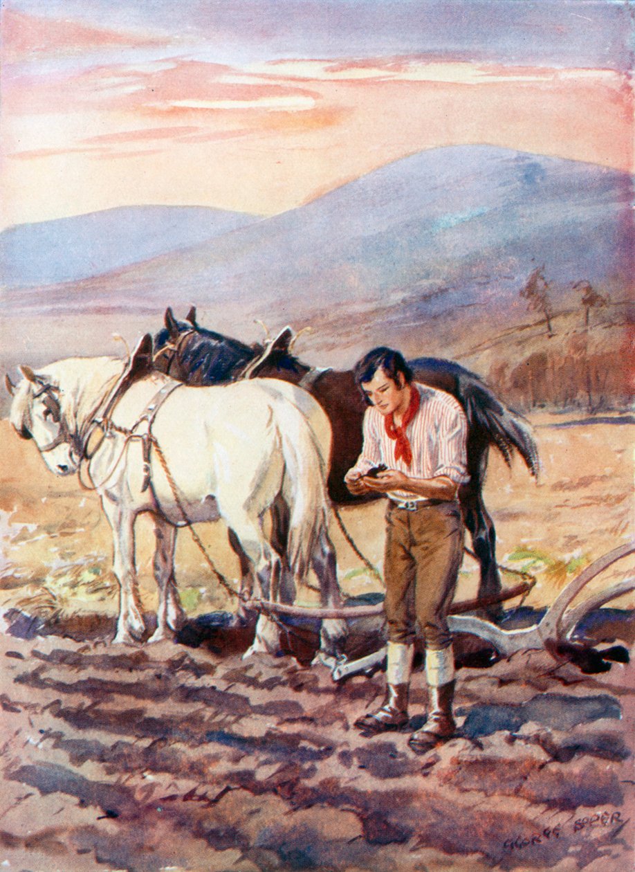 Robert Burns ved plogen (fargelitografi) av George Soper