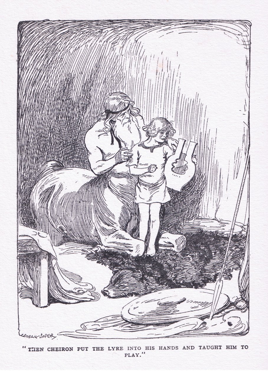 The Cheiron la lyren i hendene hans og brakte ham til å spille, fra The Heroes utgitt av George Allen og Unwin 1929 av George Soper