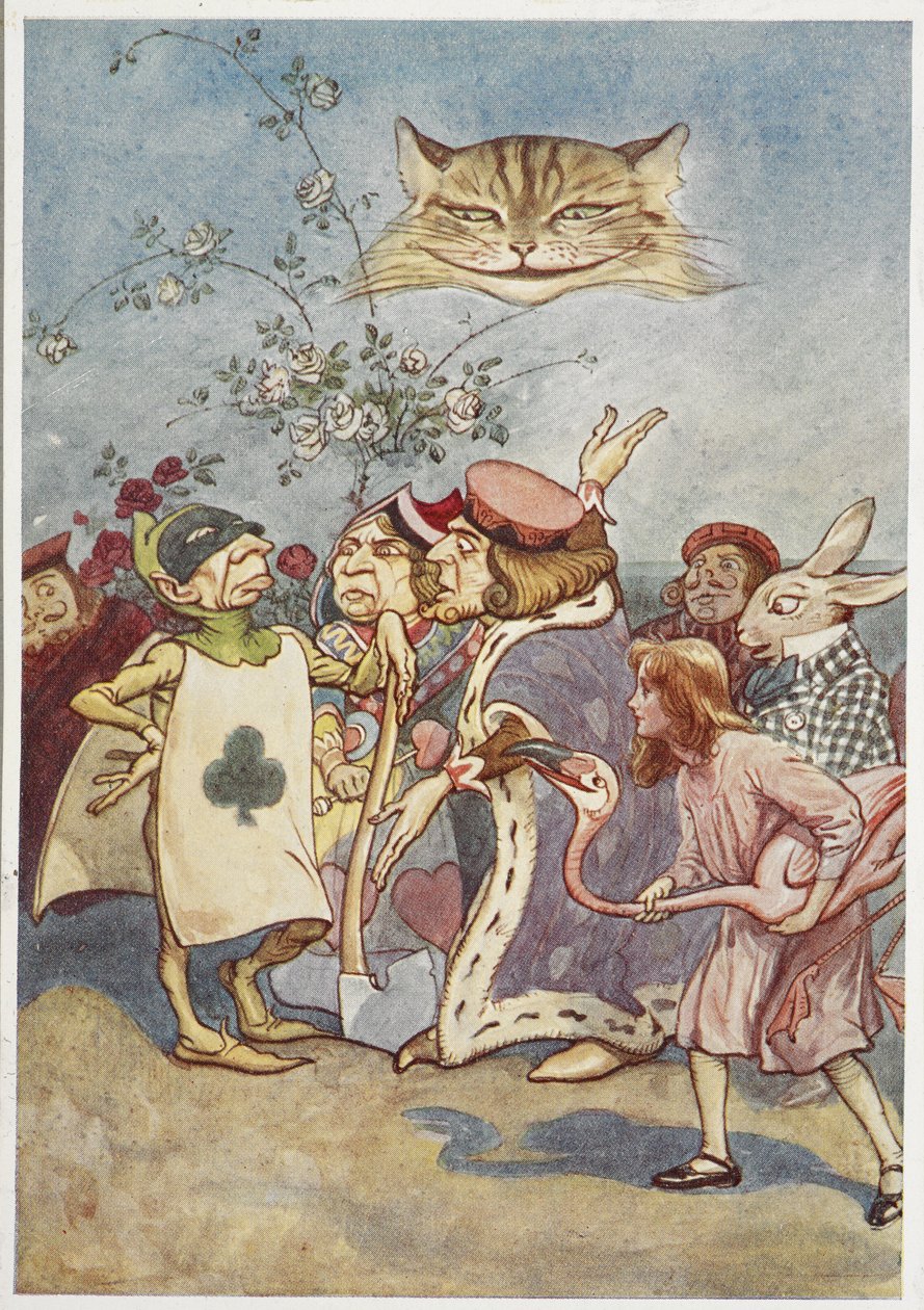 Cheshire-katten ser på Alice og spillekortbøddelen sammen med andre av George Soper