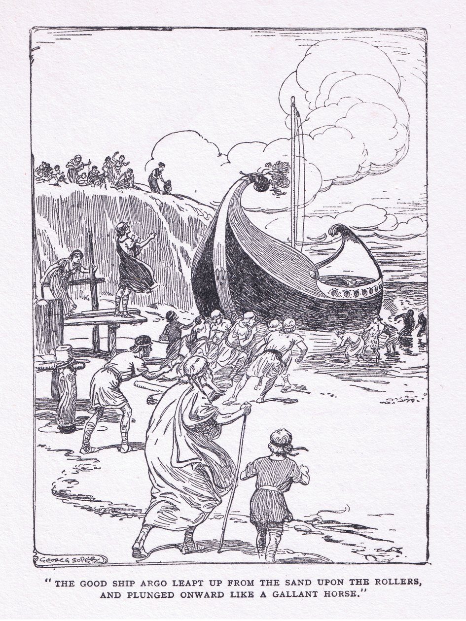 Det gode skipet Argo sprang opp fra sanden på ruller og stupte fremover som en galant hest, fra The Heroes utgitt av George Allen og Unwin 1929 av George Soper