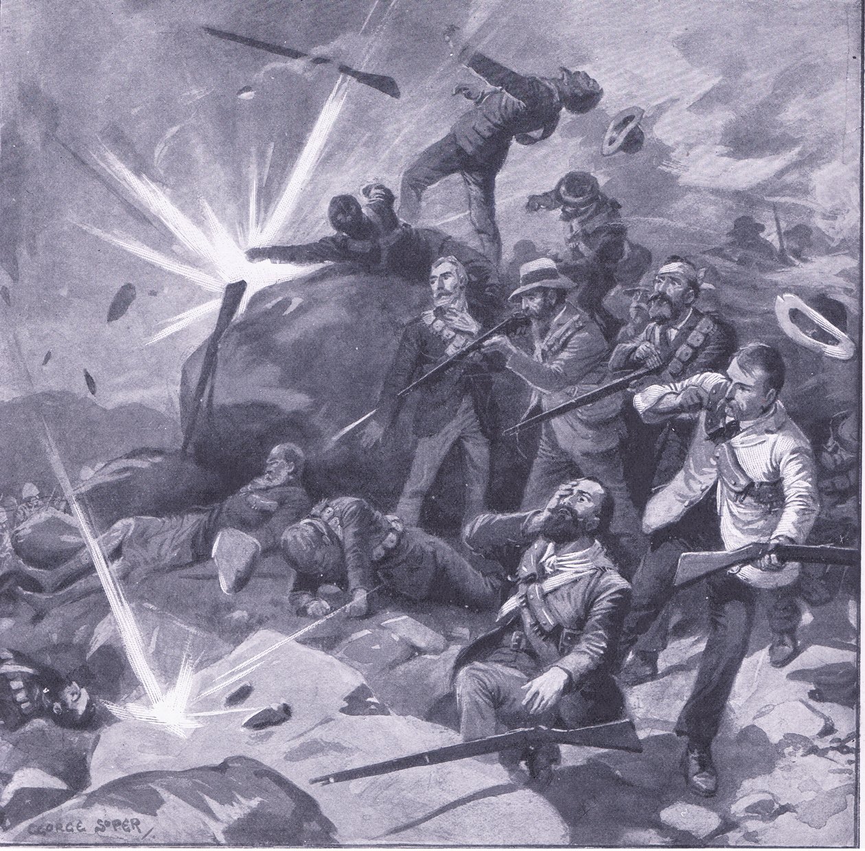 Den siste standen til Johannesburg-politiet i Bergendal, illustrasjon fra After Pretoria: The Guerilla War, 1902 av George Soper