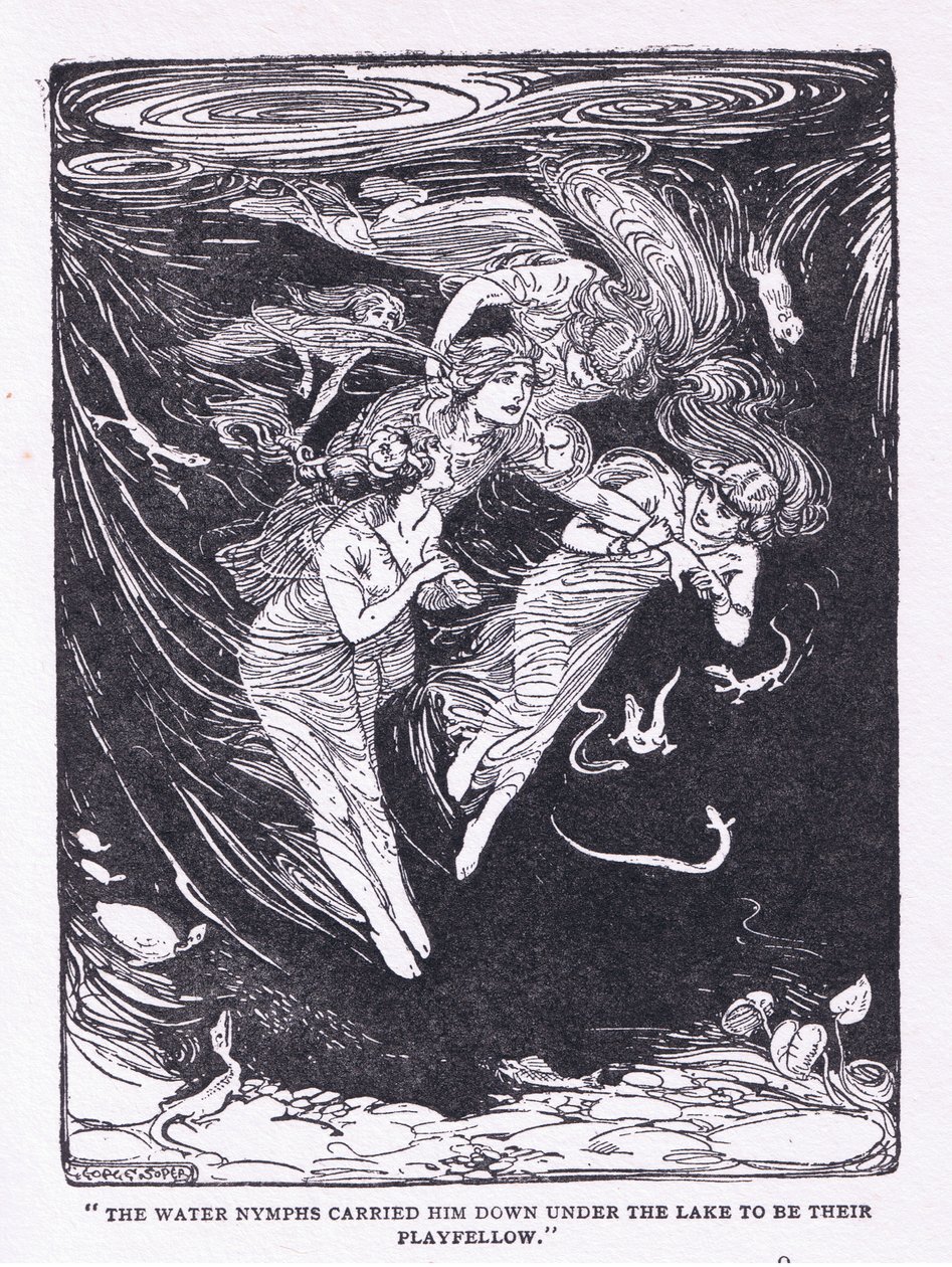 Vannymfene bar ham nedover innsjøen til lekekameraten deres, fra The Heroes utgitt av George Allen og Unwin 1929 (litho) av George Soper