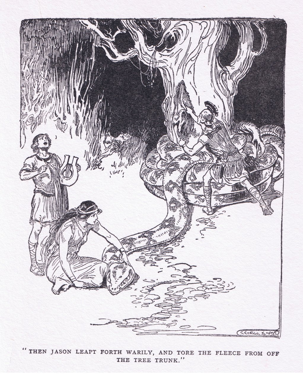 Så sprang Jason trett frem, og rev fleeceen av trestammen, fra The Heroes utgitt av George Allen og Unwin 1929 (litho) av George Soper