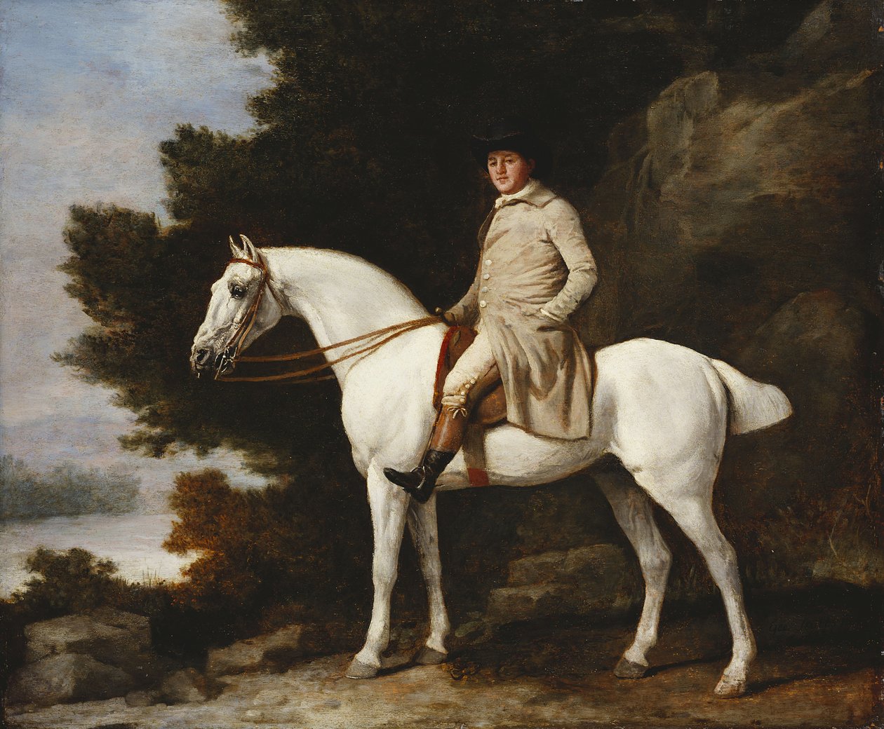 En gentleman på en grå hest i et steinete skogslandskap, 1781 av George Stubbs