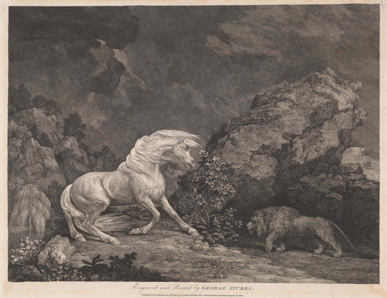 En hest skremt av en løve av George Stubbs