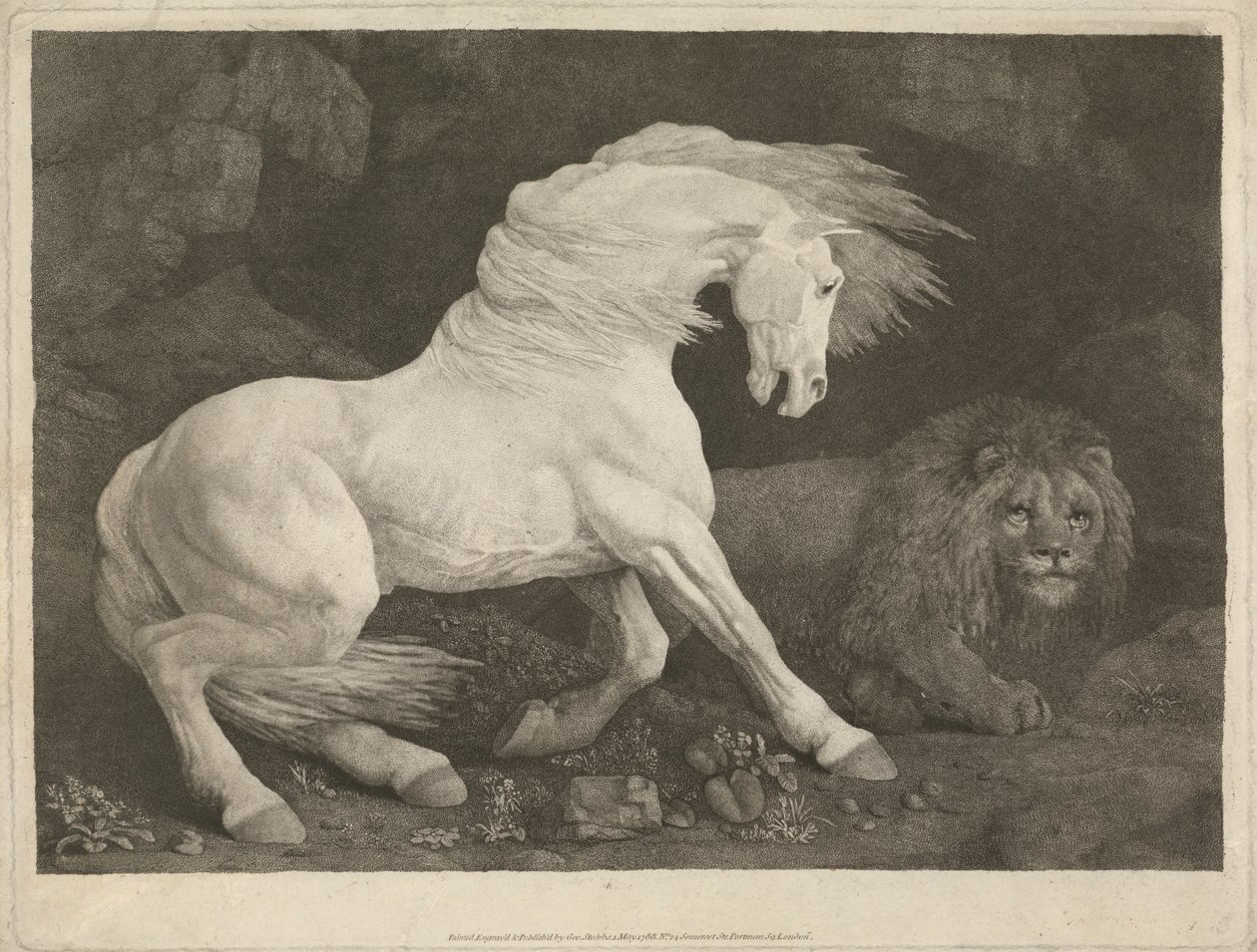 En hest skremt av en løve av George Stubbs