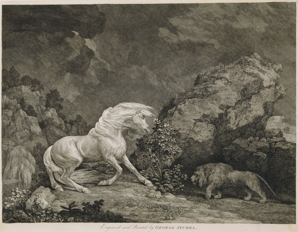 En hest skremt av en løve, gravert av kunstneren av George Stubbs