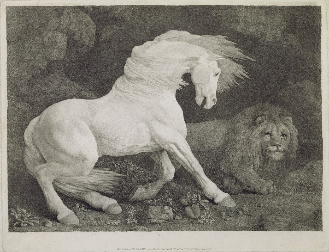 A Horse Frighted by a Lion, gravert av kunstneren, pub. 1788 av George Stubbs