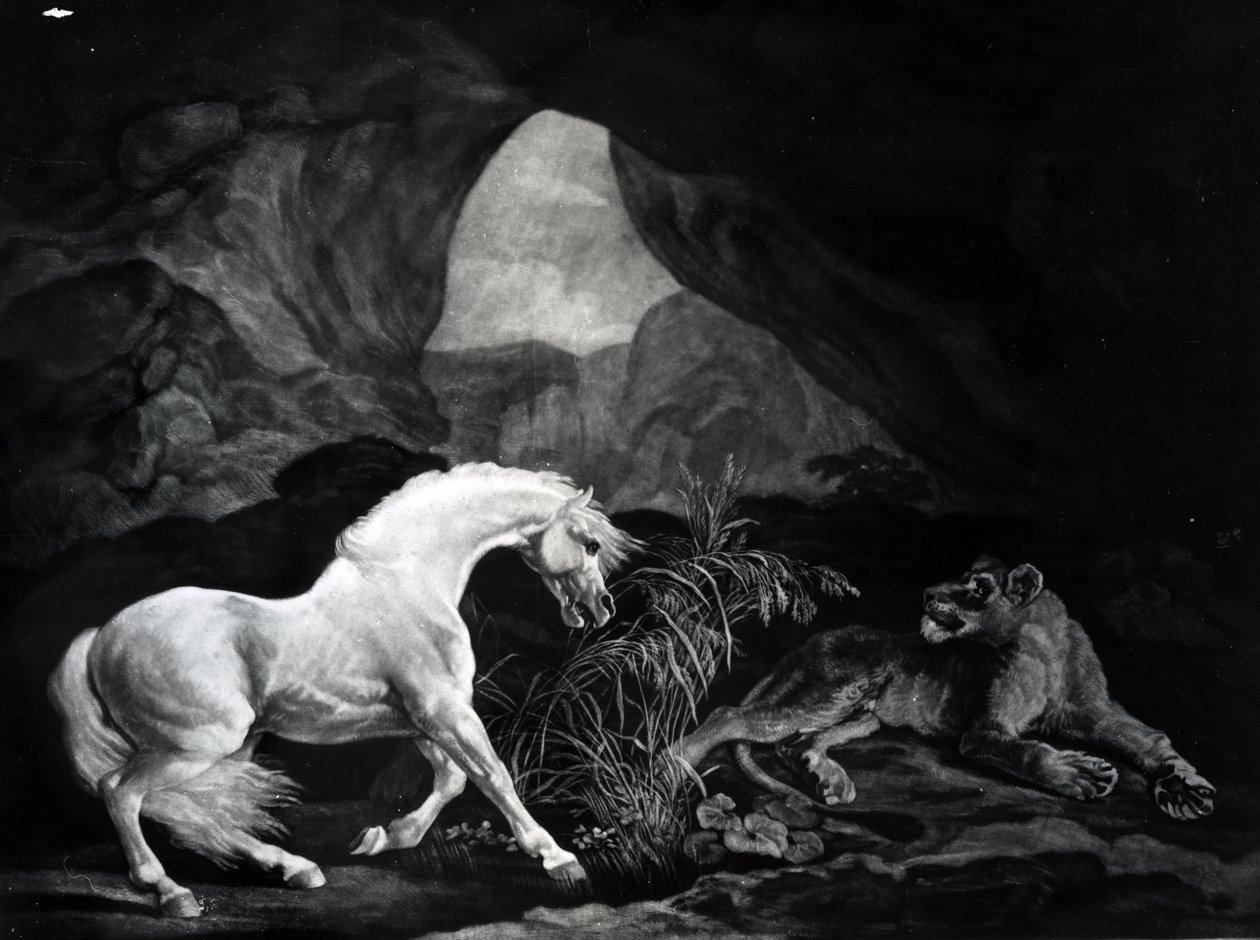 En hest skremt av en løvinne, gravert av Benjamin Green, 1774 av George Stubbs