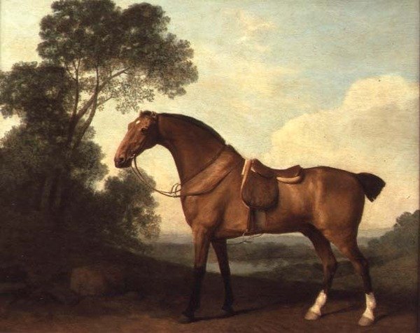 En saddled Bay Hunter i et landskap med en innsjø utenfor av George Stubbs