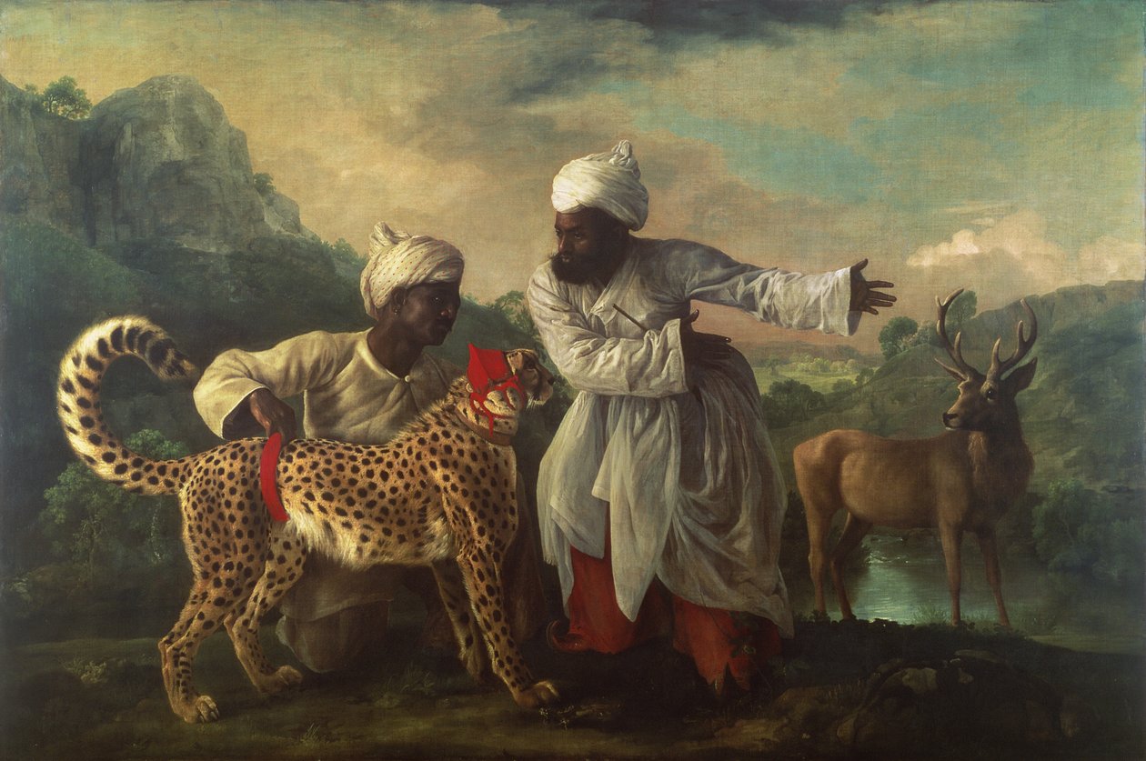 Gepard og hjort med to indianere, ca. 1765 (olje på lerret) av George Stubbs