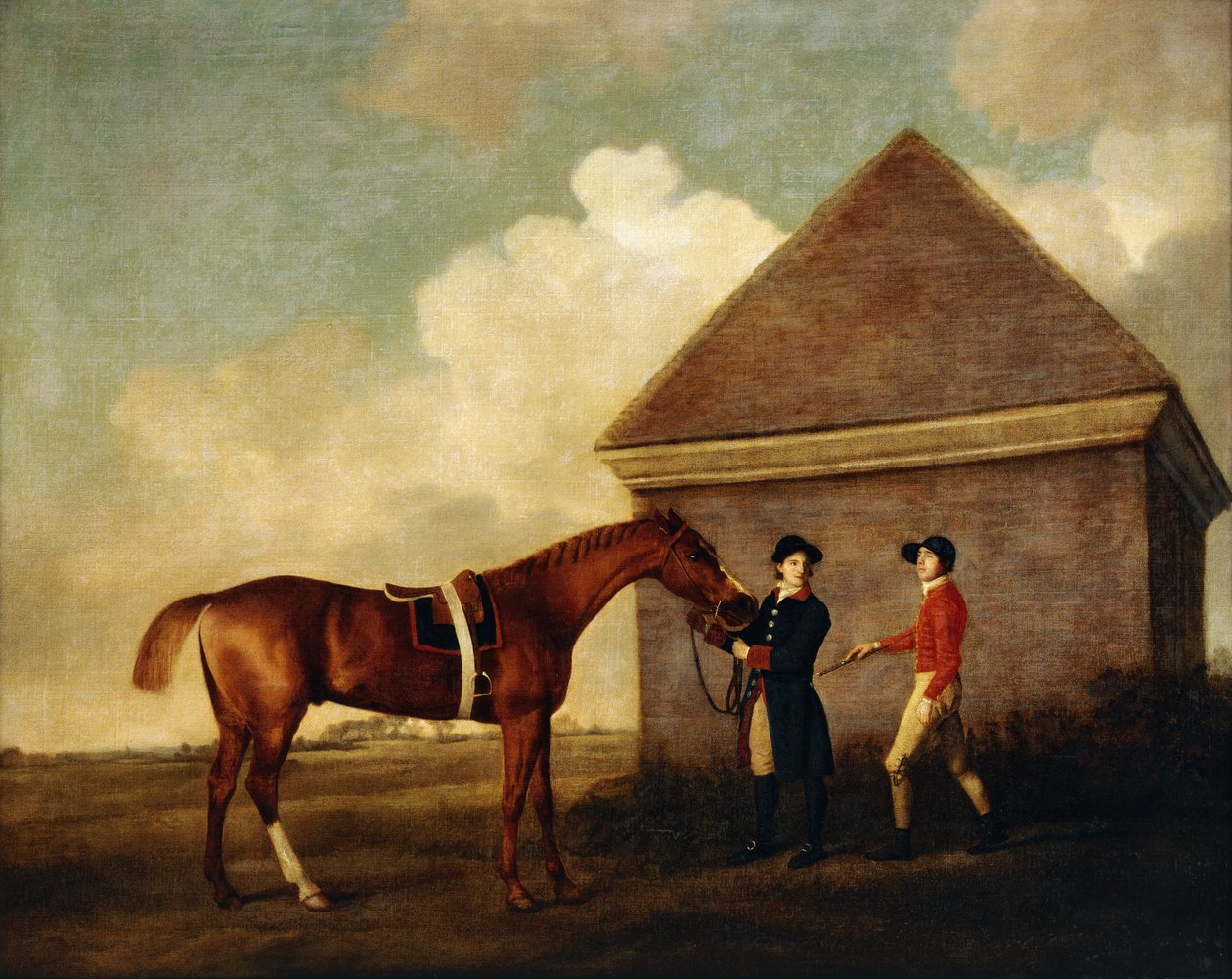 "Eclipse", en Dark Chestnut Racehorse holdt av en brudgom, med en jockey, muligens Jack Oakley, av Rubbing Down House på Newmarket, 1770 av George Stubbs
