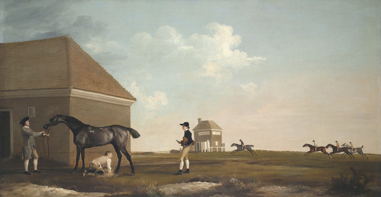 Gimcrack på Newmarket Heath, med en trener, en stallgutt og en jockey, 1765 av George Stubbs