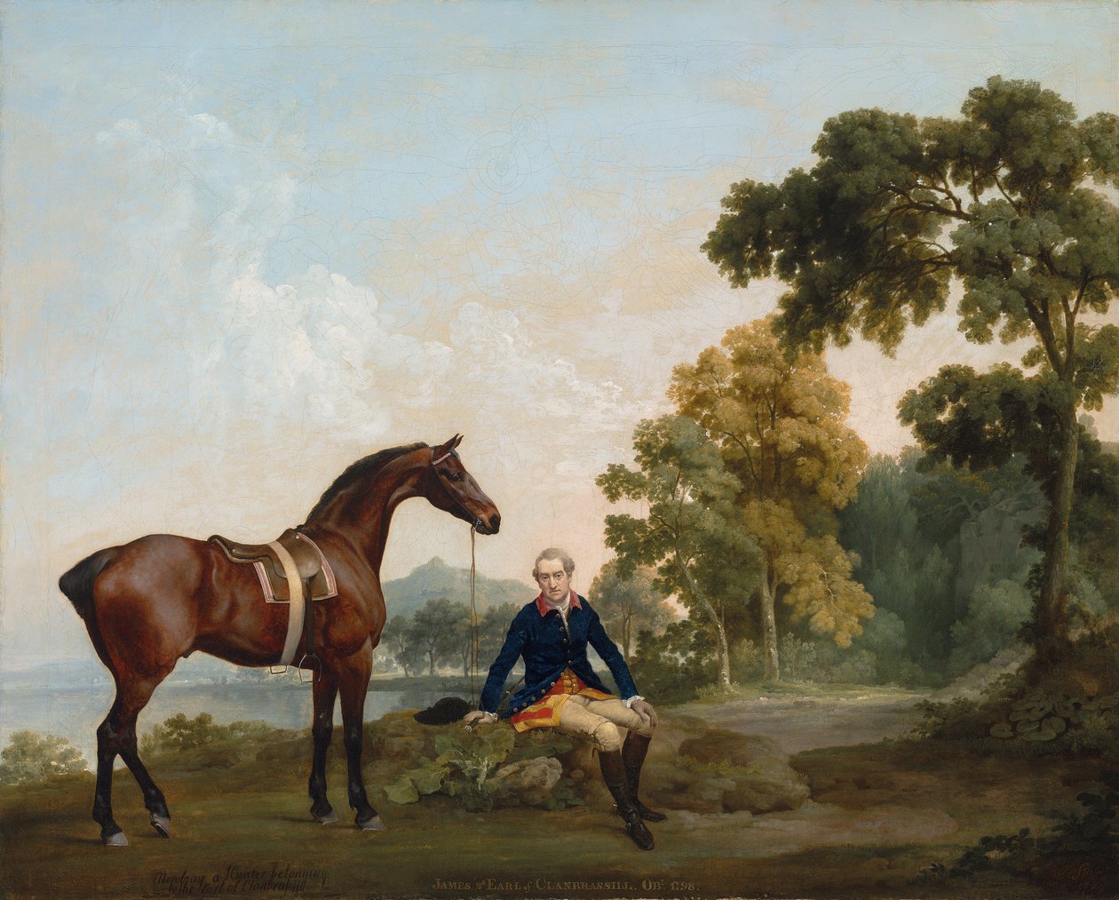 James Hamilton, 2. jarl av Clanbrassil (1730-1798), med sin buktjeger Mowbray, hvilende på en skogkledd sti ved en innsjø av George Stubbs