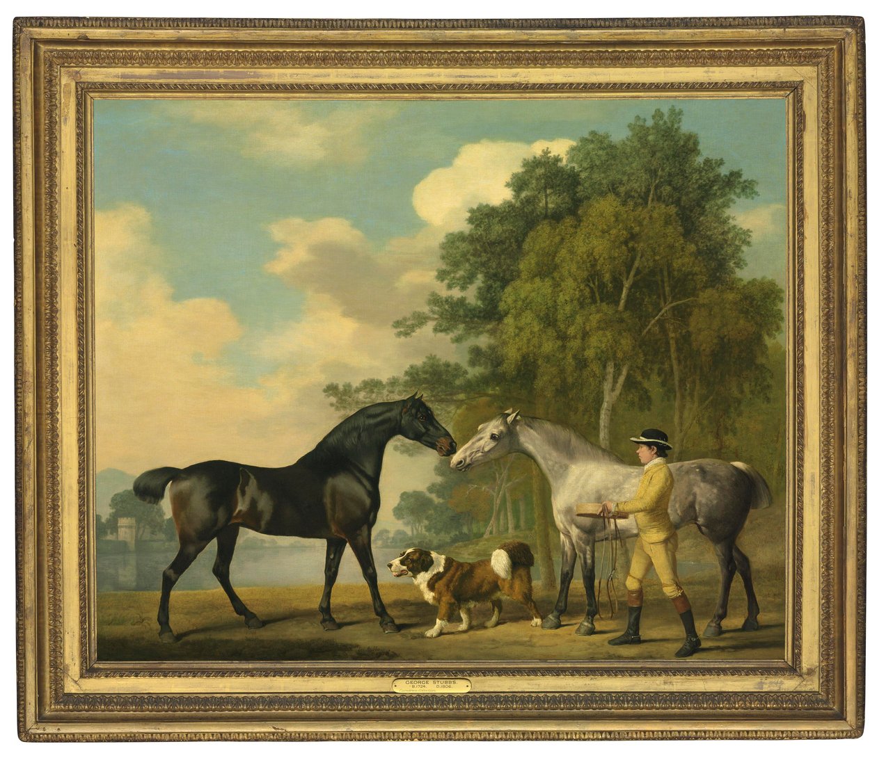 To jegere med en ung brudgom og en hund ved en innsjø, 1778 av George Stubbs