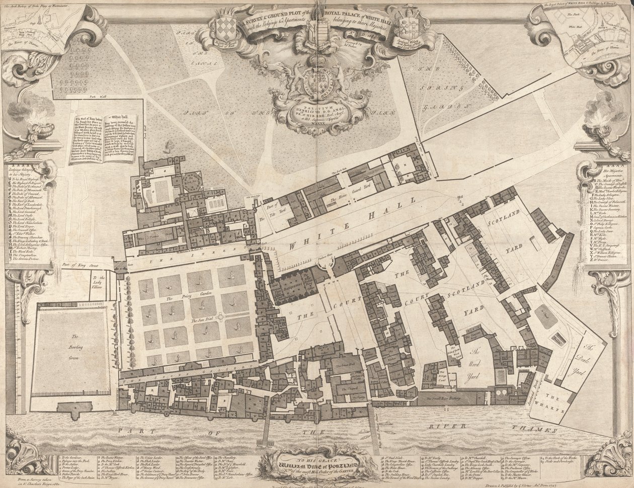 En undersøkelse og grunntomt av det kongelige palasset i Whitehall av George Vertue