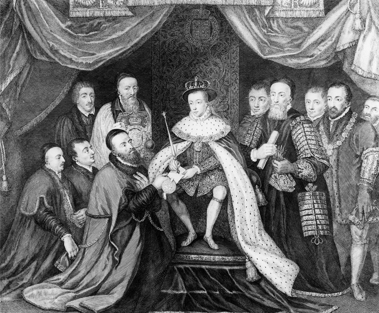 Edward VI ga Charter for Bridewell Hospital til Sir George Barnes i 1553, publisert 1750 av George Vertue