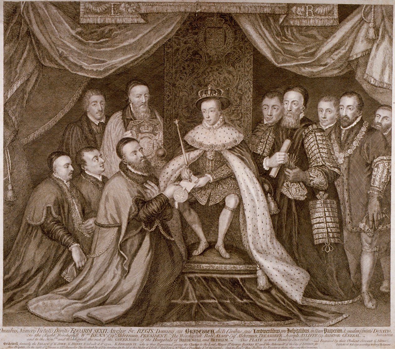 Edward VI signerer et charter som gir Bridewell til City of London for et arbeidshus, 1552 1750 av George Vertue