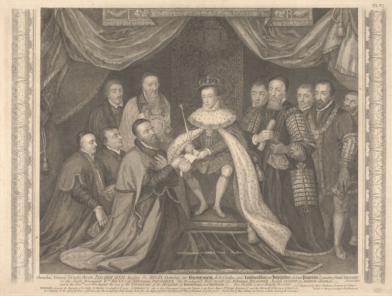 Kong Edward VI presenterer Charter for Bridewell til Sir George Barnes av George Vertue