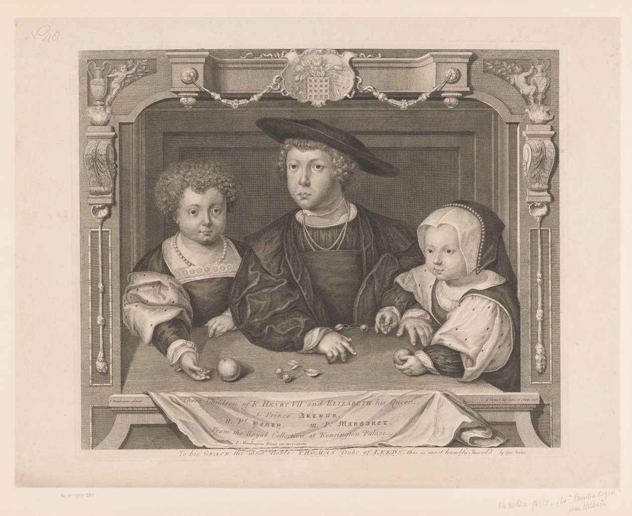 Portret van Dorothea, Johan og Christina van Denemarken Tre barn av K. Henry VII og Elizabeth hans dronning. I. Prins Arthur, II. Pr. Henrik, III. Ps. Margaret (tittel på objekt) Portretten van de Tudors (serietittel) Historiske portretter (serie av George Vertue