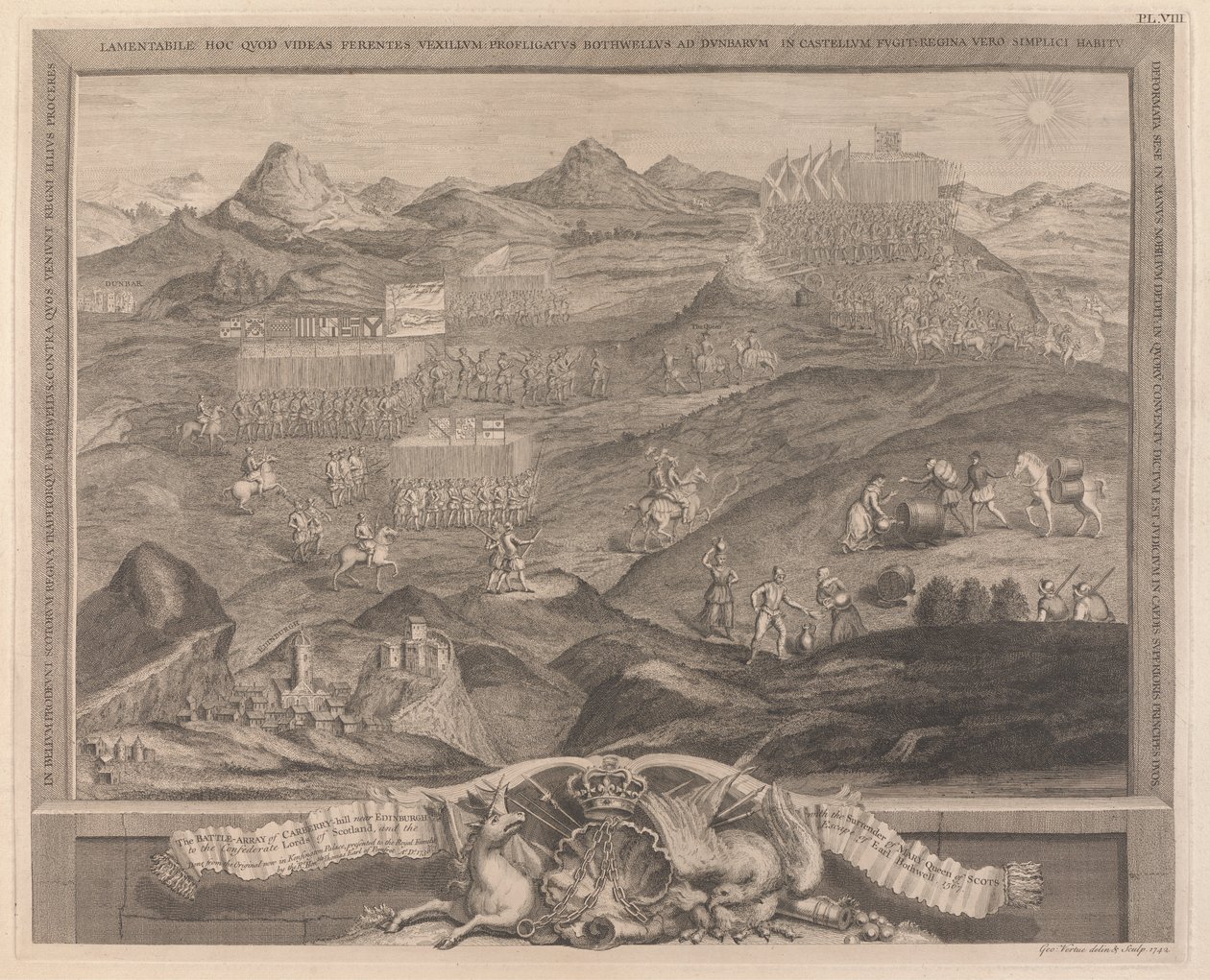 Battle-Array of Carberry-hill nær Edinburgh med overgivelsen av Mary Queen of Scots til de konfødererte Lords of Scotland, og flukten til Earl Bothwell, 1567 av George Vertue