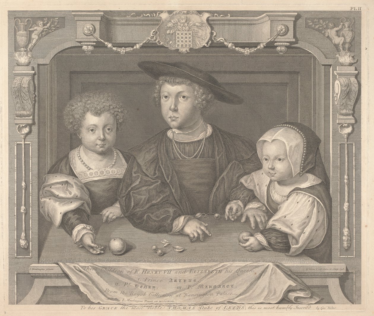 Tre barn av Henry VII og Elizabeth hans dronning, prins Arthur, prins Henry og prinsesse Margaret av George Vertue