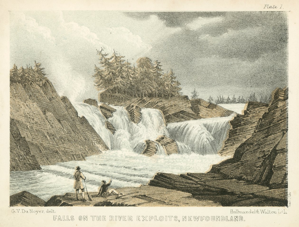Falls on the River Exploits, Newfoundland (farget gravering) av George Victor Du Noyer