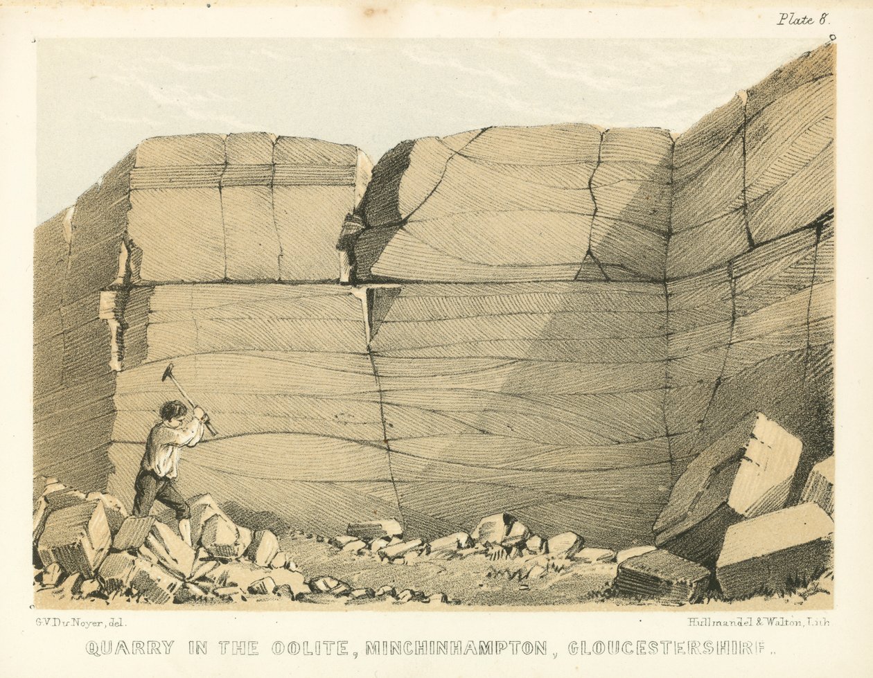 Steinbrudd i Oolite, Minchinhampton, Gloucestershire (farget gravering) av George Victor Du Noyer