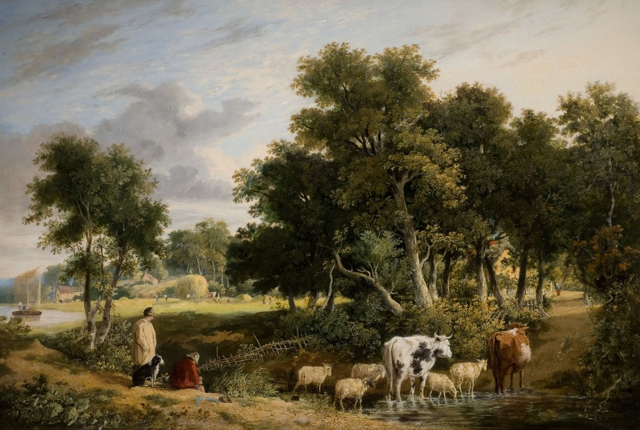 Landskap - Storfe krysser en bekk, 1831. av George Vincent