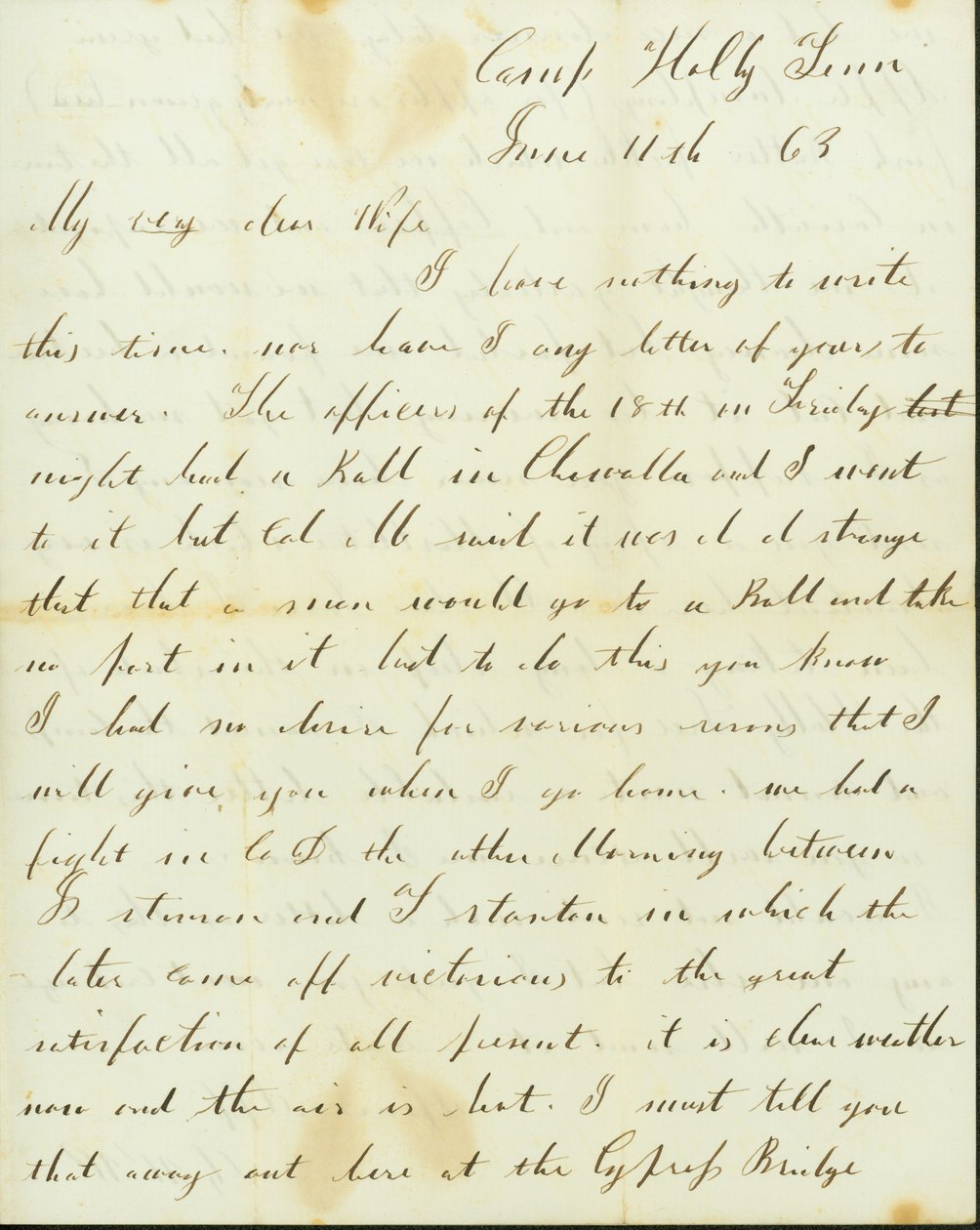 Brev fra George Wyckoff, Camp Holly, Tennessee, til Josephine, 11. juni 1863 av George W. Wyckoff