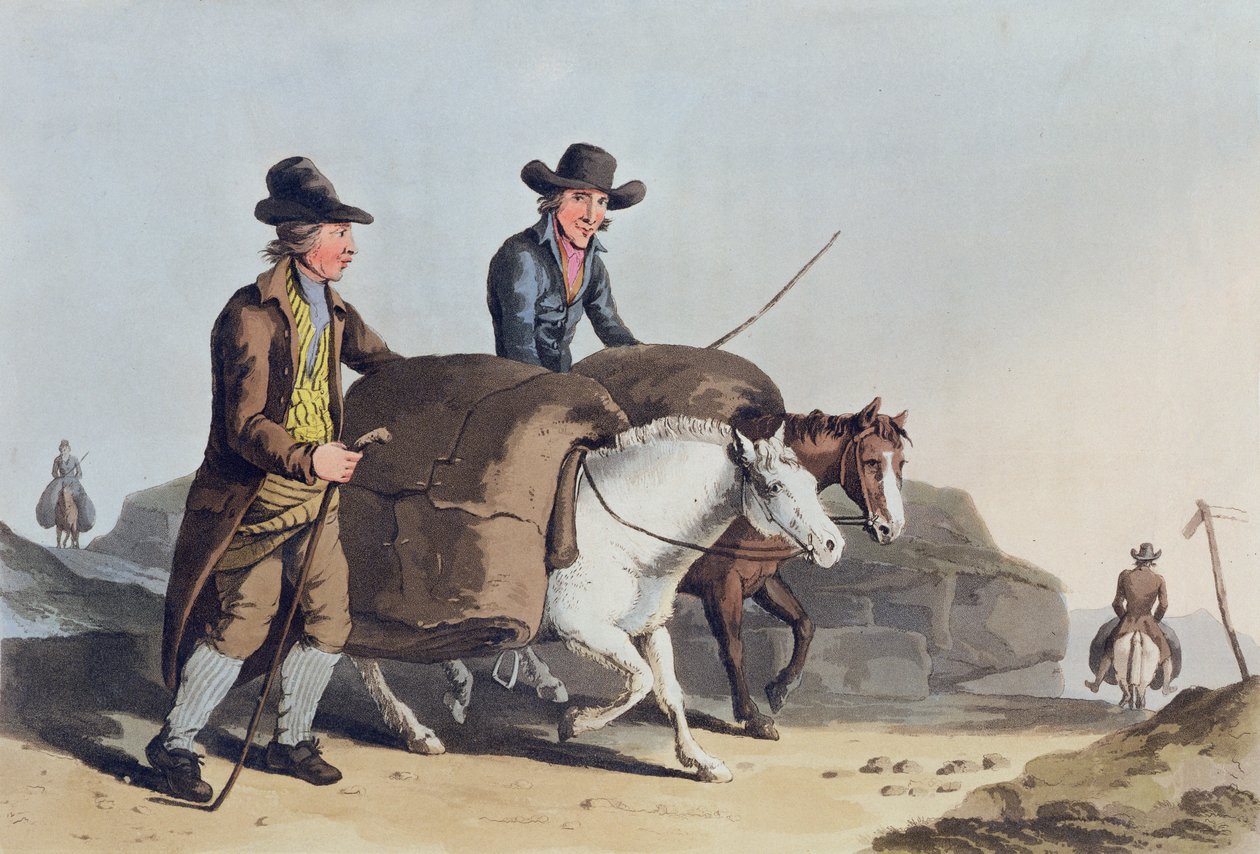 Klutprodusenter tar tøy til markedet, fra `Costume of Yorkshire' gravert av Robert Havell (1769-1832) 1814 av George Walker