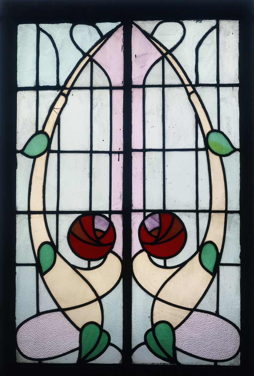 Et farget glasspanel som viser stiliserte roser (blyfarget glass, treramme) av George Walton