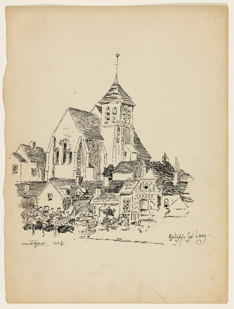 Kirke i Montigny-Sur-Loing, Frankrike, reiseskisse av George Washington Maher