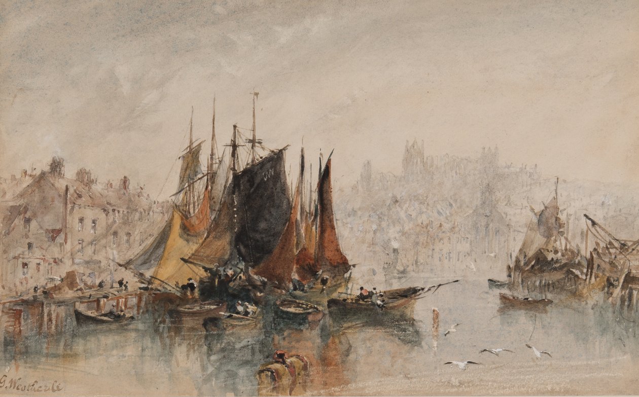 Whitby Harbor (blekk og wc på papir) av George Weatherill