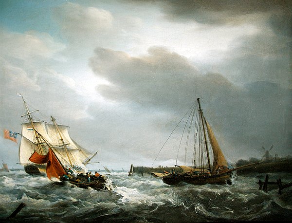 En britisk krigsmann som passerer munningen til en elvemunning (olje på lerret) av George Webster