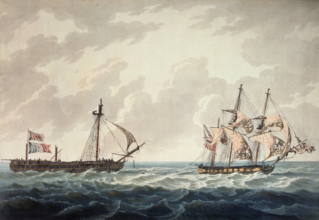 Hans Majestets slup, Bonne Citoyenne, tar den franske fregatten, La Furieuse, på slep etter handlingen 6. juli 1809, gravert av R und D Havell, utgitt av Robert Cribb i 1810 av George Webster