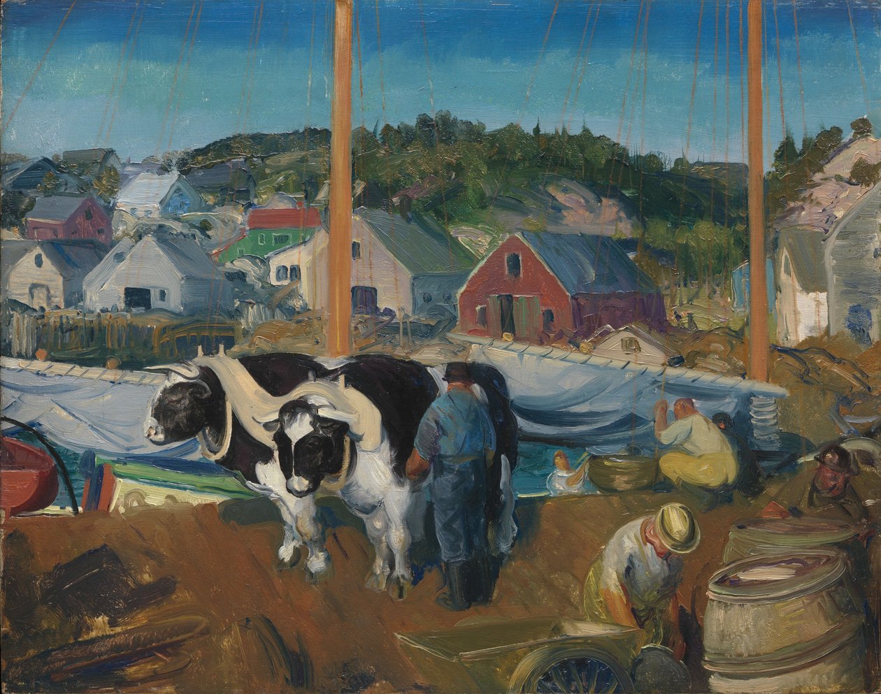 Ox Team, Wharf at Matinicus, 1916 (olje på tømmerkjernepanel) av George Wesley Bellows