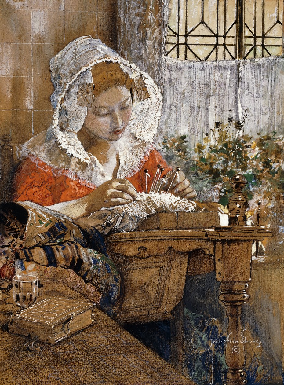 Den flamske blondemakeren, ca. 1925 (gouache, pastell og blyant på brunt papir) av George Wharton Edwards