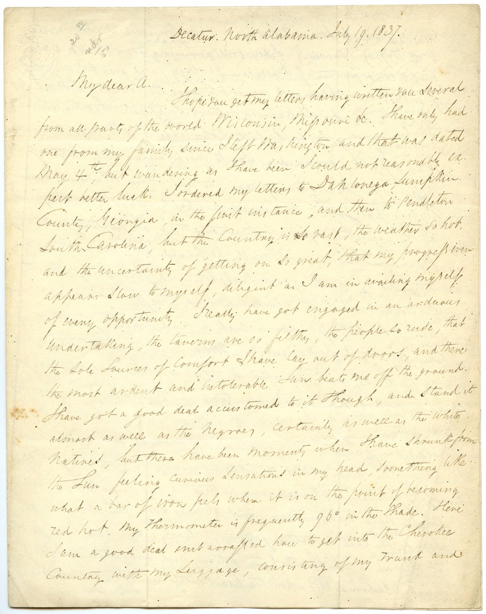 Ufullstendig brev [av G.W. Featherstonhaugh], Decatur, NC, til oberst Abert [John James Abert], 19. juli 1837 av George William Featherstonhaugh