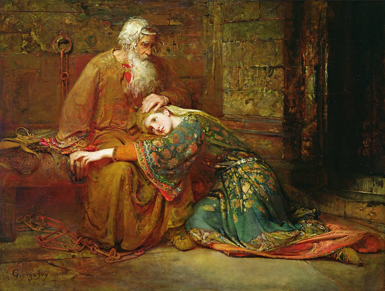 Cordelia trøster faren sin, kong Lear, i fengsel av George William Joy