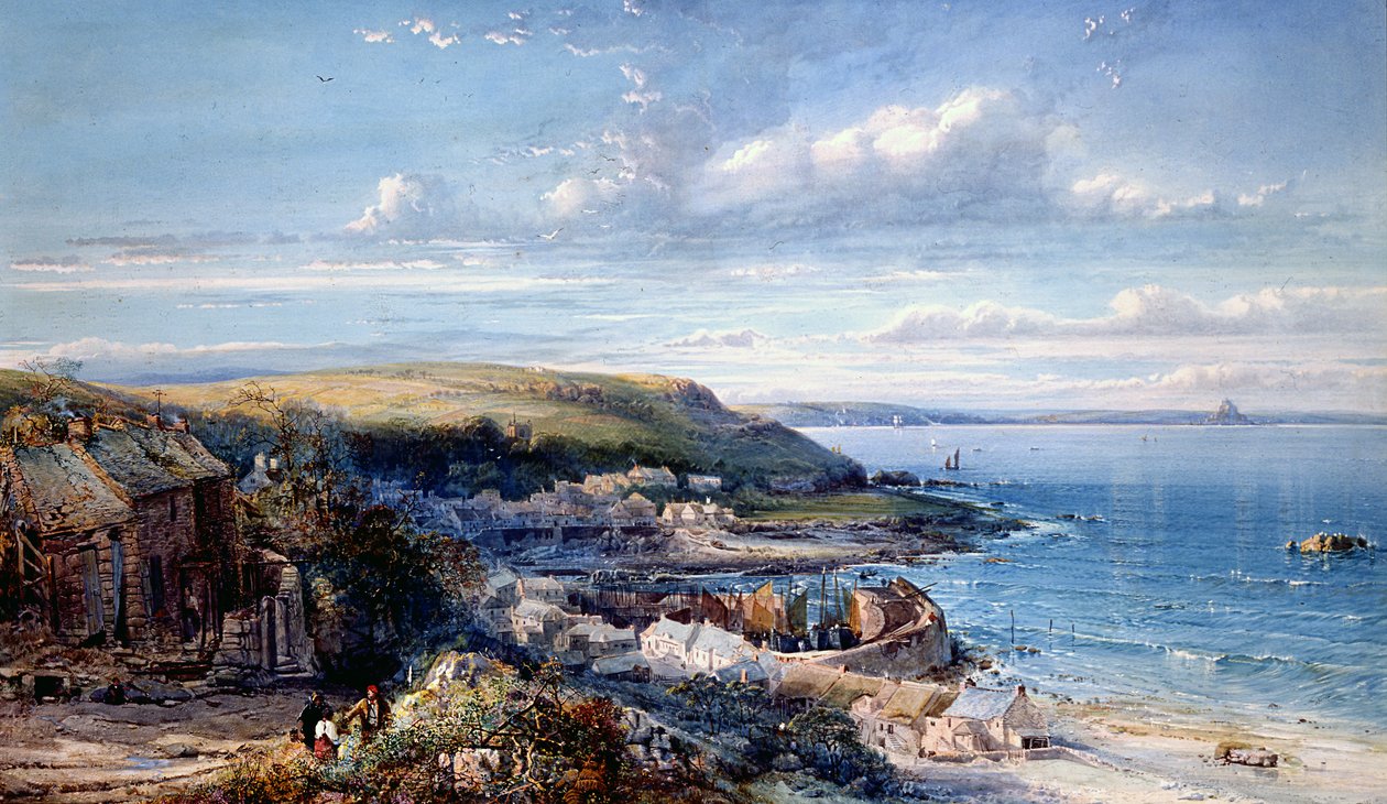 A Mounts Bay Fishing Village (musehull) 1860 (wc og kroppsfarge på papir) av George Wolfe