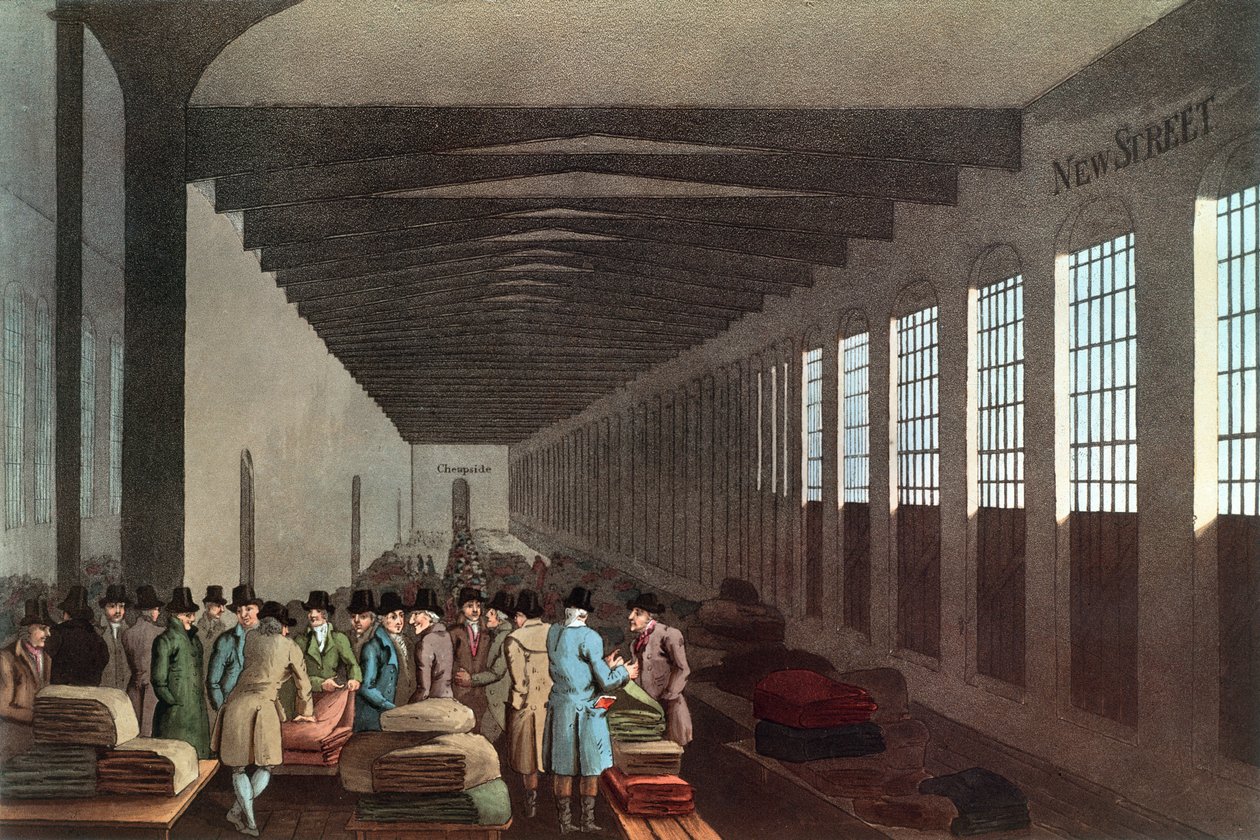 Cloth Hall, New Street, London, gravert av Robert Havell, pub. av Robinson & Son, Leeds, 1814 av George after Walker