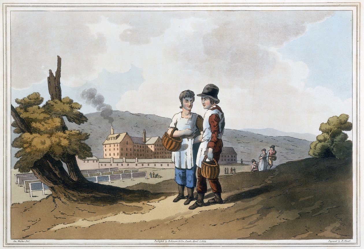 Factory Children, fra `The Costume of Yorkshire gravert av Robert Havell (1769-1832) 1814 (håndfarget akvatint) av George after Walker